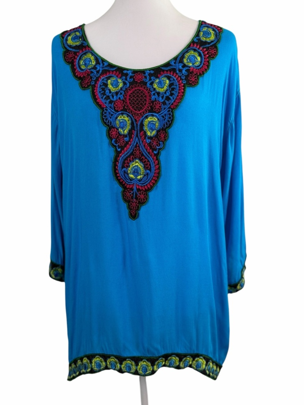 Anji Blue Embroidered Boho Top | Lightweight Flowy Tunic Chic Statement Blouse S